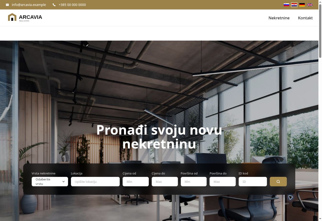Primjer web-stranice Arcavia s ponudom nekretnina